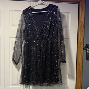 Black Sequin Sheer Sleeve Dress